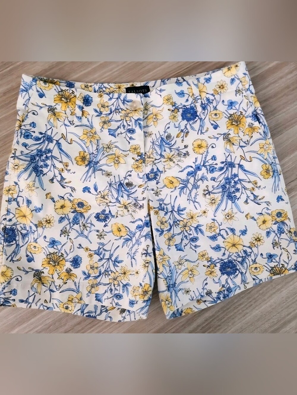 Talbots White Floral Cotton Shorts with Blue and Yellow Print